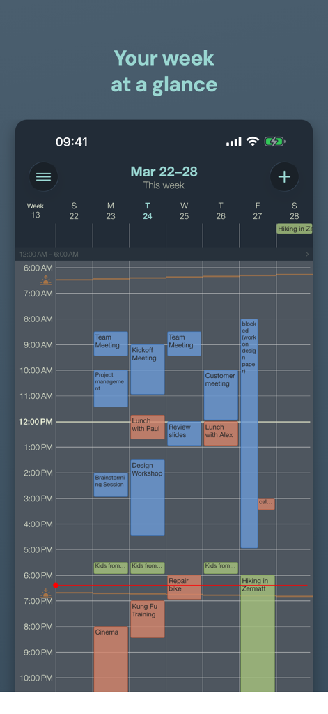 Appoint - Smart Calendar - La aplicación Appoint Smart Calendar muestra un resumen de la agenda semanal en modo oscuro