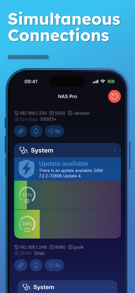 NAS Pro mobile dashboard displaying simultaneous monitoring of Synology and QNAP servers with real-time CPU and RAM usage