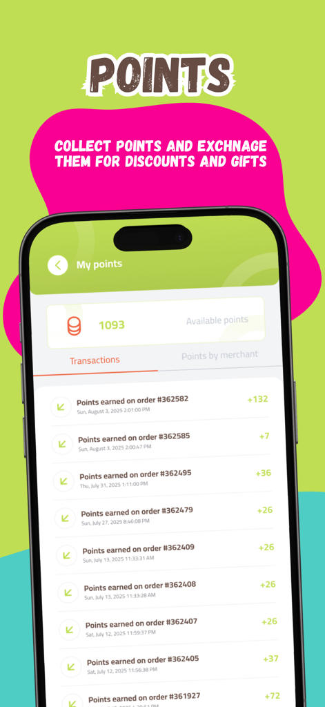 Yummy: Food, grocery & more - A mobile phone screen showing the loyalty points dashboard and transaction history for the Yummy delivery app