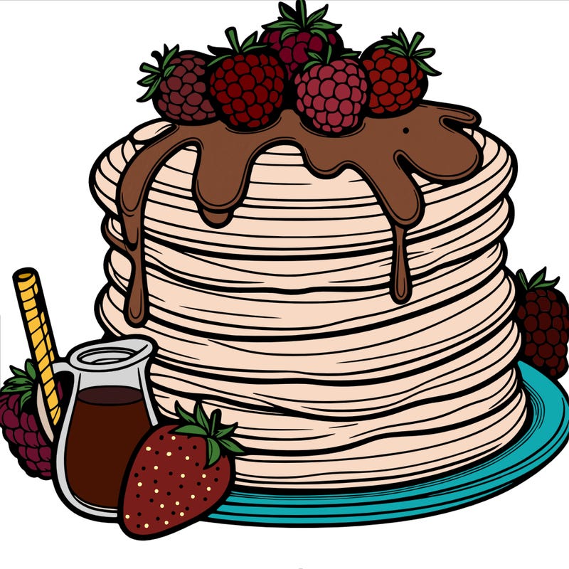 pancakes stacked high with syrup and fresh berries on the side.