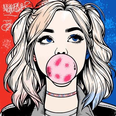 realististic girl blowing bubble -gum