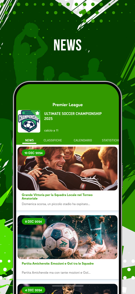 Schermo di un telefono cellulare che mostra la sezione notizie di un torneo di calcio nell'app Enjore