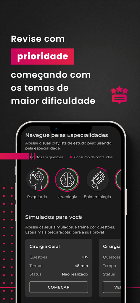 Medcel app screen for medical residency prep showing study specialties and practice exams.