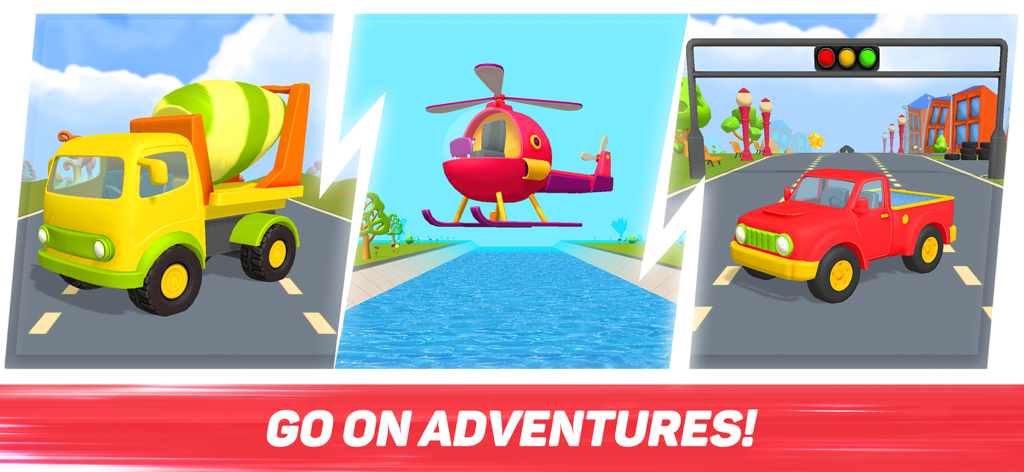 Gameplay scenes showing a cement mixer truck a helicopter flying over water and a red truck on a road with traffic lights