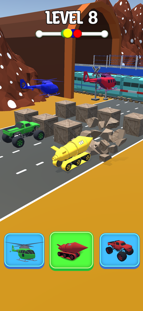 Car Shape Funny Transform Race - Jogabilidade do Nível 8 de Car Shape Funny Transform Race mostrando transformações de veículos