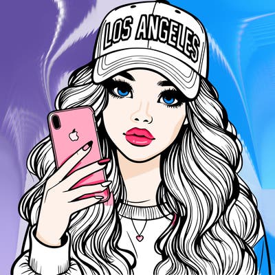 realistic beautiful girl wearing los ángeles cap holding an iphone