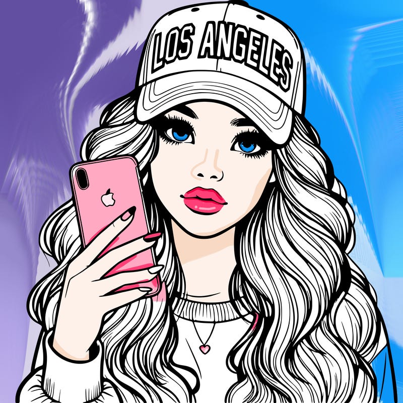 realistic beautiful girl wearing los ángeles cap holding an iphone