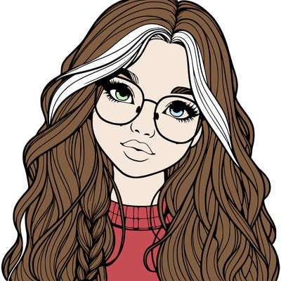 girl with long hair and freckles and glasses realistic