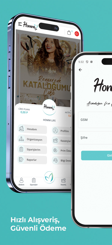 Homm Life mobile app displaying the main business management dashboard and login screen for herbal product distribution.