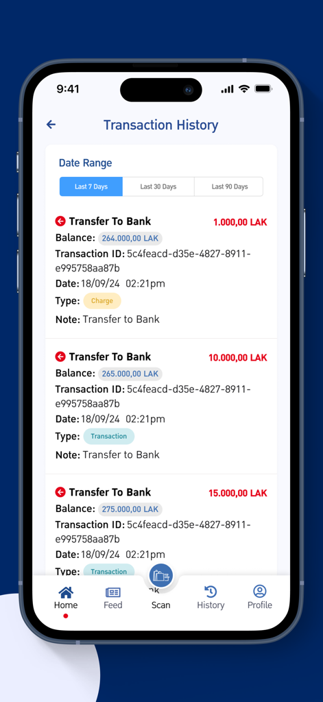 LaoPay mobile app transaction history screen showing bank transfer details and LAK balances