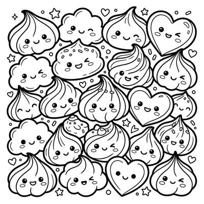 Dive into a world of sugary cuteness with this delightful Kawaii Meringue Cookies coloring page. Each adorable cookie, cloud, and heart-shaped treat is waiting for your vibrant colors.
