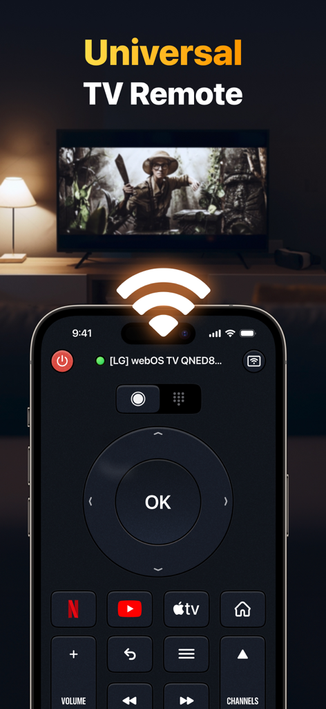 An iPhone displaying the universal TV remote app interface with a smart TV in the background.
