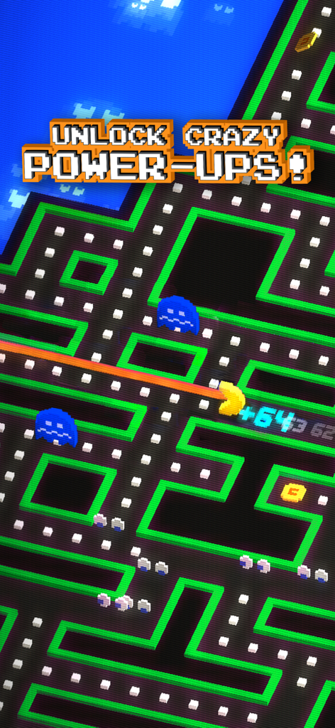 Pac-Man using a laser power-up to defeat ghosts in a voxel-style neon maze