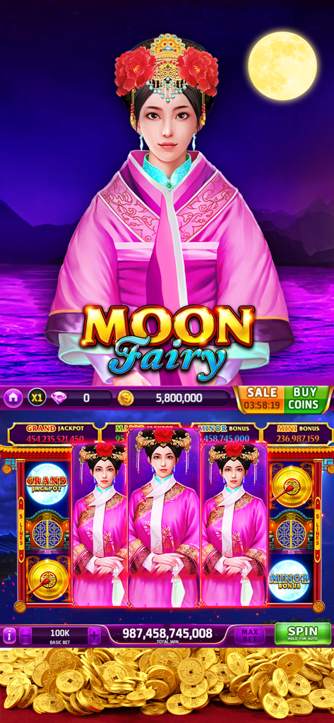 Gold Fortune Casino-Slots Game - Moon Fairy themed slot machine interface with a traditional Chinese character and various jackpot levels.