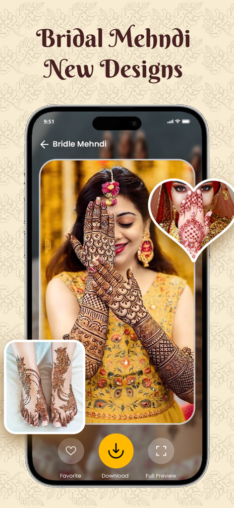 Mobile app interface displaying intricate bridal henna patterns for hands and feet