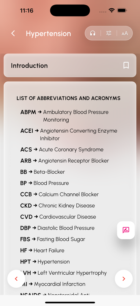 AkomaCare - A screenshot of the AkomaCare app displaying a list of medical abbreviations and acronyms related to hypertension and cardiovascular care.