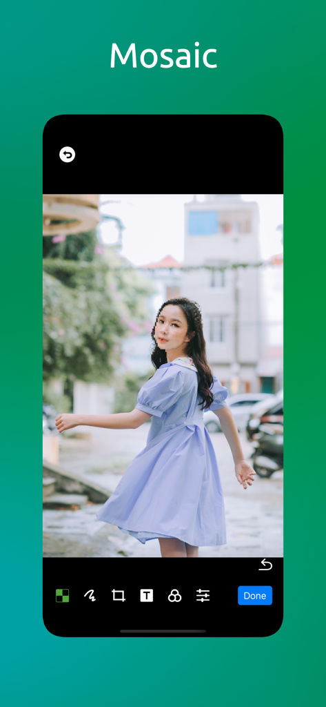 Mosaic - Photo Blur & Pixelate - A mobile app interface showing a woman in a blue dress with a pixelated mosaic effect and photo editing tools at the bottom