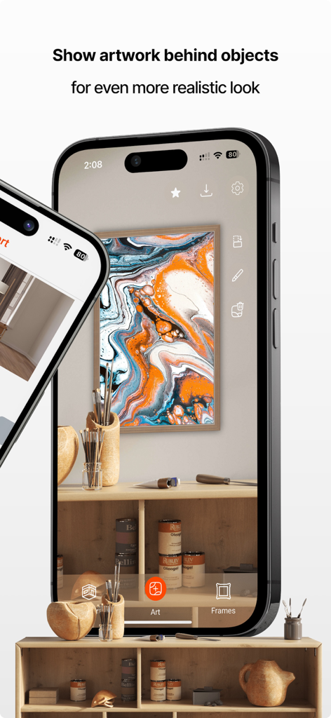 A mobile app interface demonstrating artwork placed realistically behind physical objects in a digital interior mockup