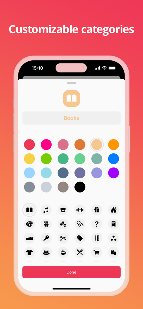 Axia - Budget Tracker - Axia Budget Tracker customizable categories screen with color and icon selection.