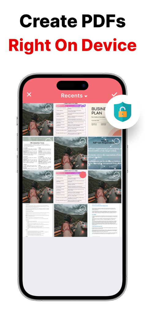 Photo to PDF - PicDoc - Smartphone interface of the PicDoc app showing photo selection and the headline Create PDFs Right On Device