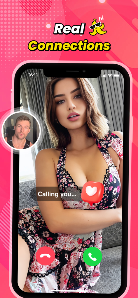 Smartphone screen showing the Mellow app with a live video call incoming from a woman and a man in a small circle