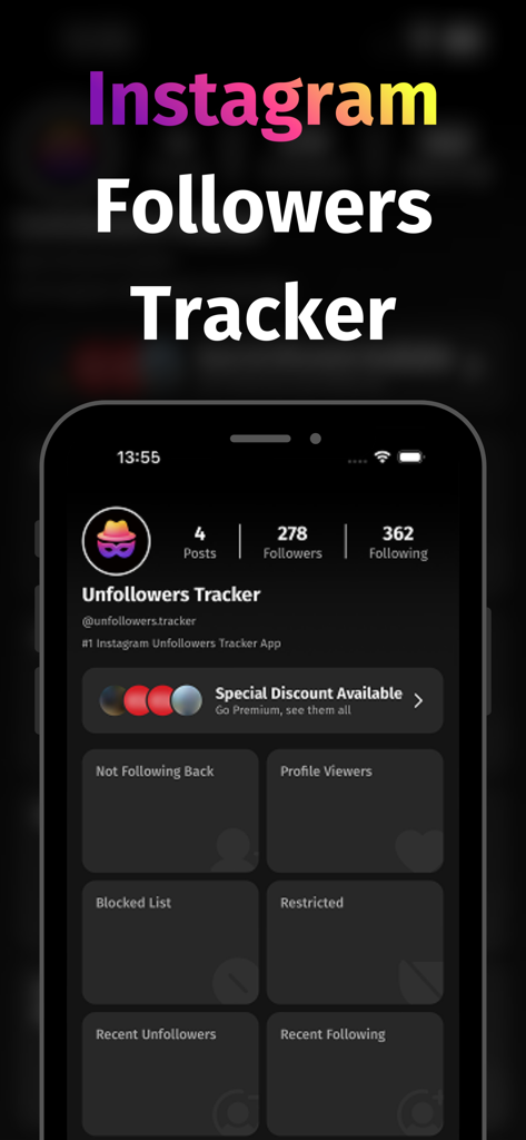 Instagram Followers Tracker app interface showing follower analytics and reports