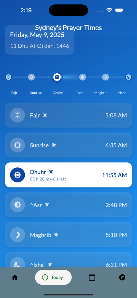 2MFM app interface showing Sydney prayer times and Hijri calendar