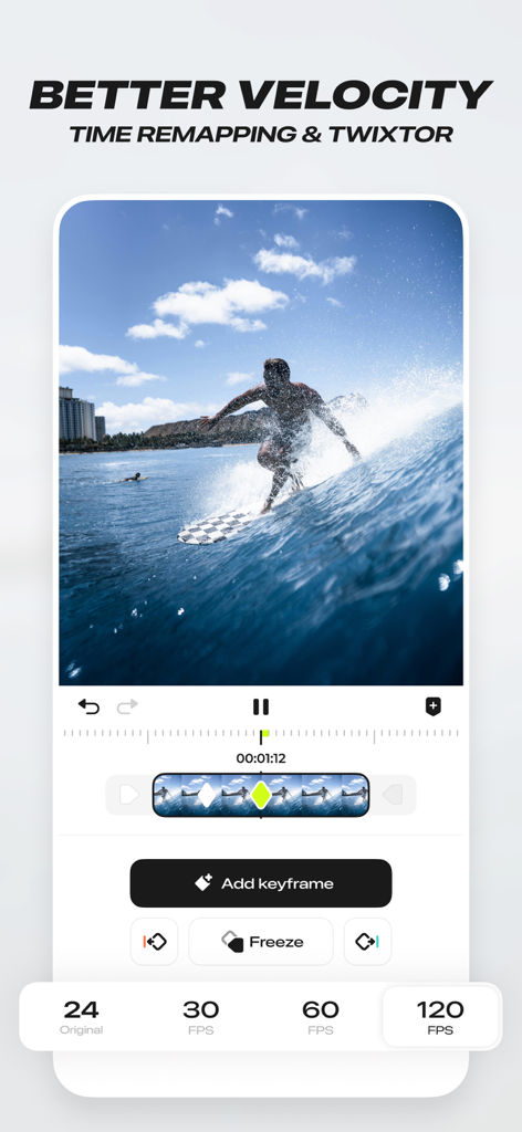 Blurrr-Music video editor - Blurrr app interface demonstrating time remapping and velocity features for video editing