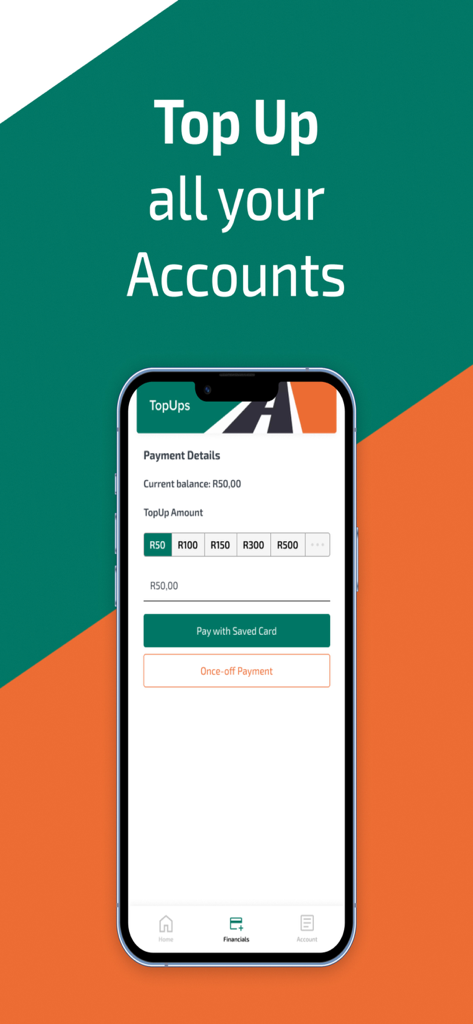SANRAL mobile app screen showing options to top up account balance with payment details and saved card buttons