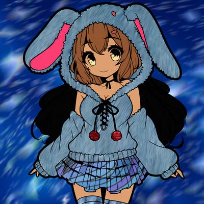 pretty anime girl wearing a fluffy hoodie with bunny ears on the hood and a skirt