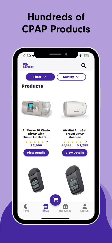 Sleeplay - Sleeplay mobile app shop screen displaying various CPAP machines and equipment.
