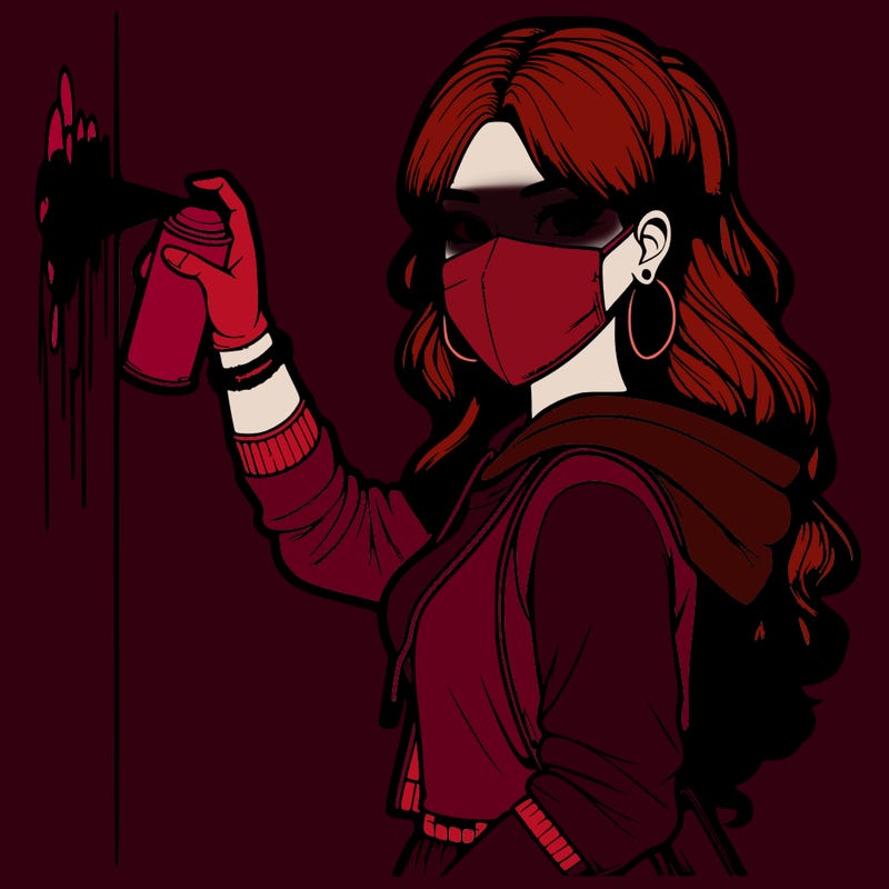 realistic girl with mask spray painting a wall