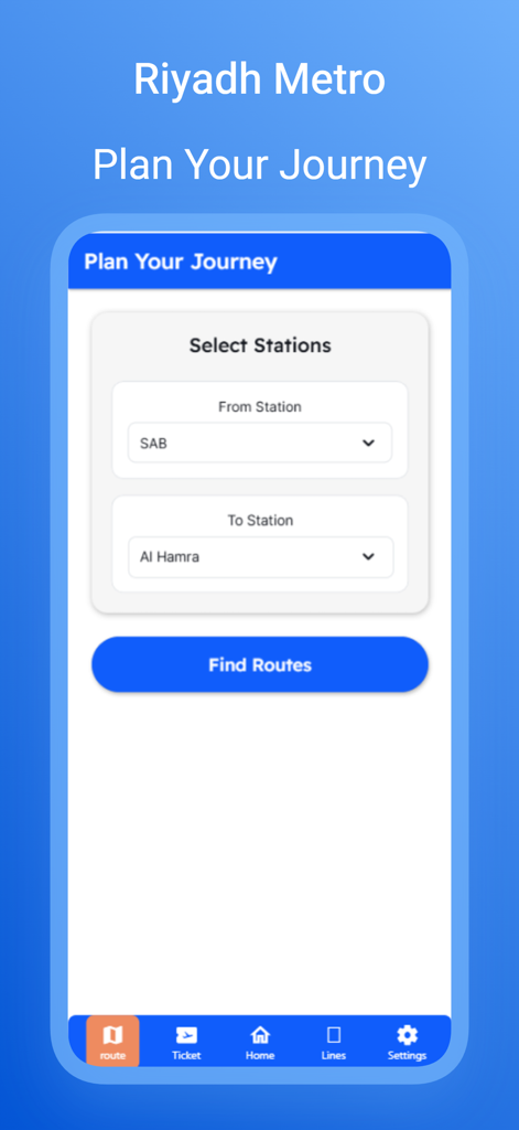 Interface of the Riyadh Metro Guide app showing the route planning screen for selecting departure and arrival stations.