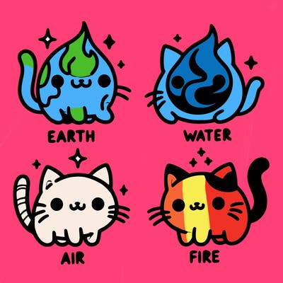 4 cats that represent the different elements, earth, water, air, and fire