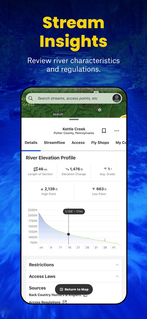 TroutRoutes: Fly Fishing App - TroutRoutes app display showing river elevation profile and stream characteristics for fly fishing planning.