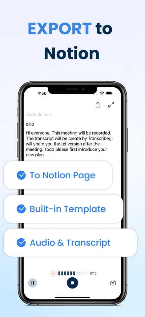 Transcriber • Speech to Text - A mobile interface of the Transcriber app showing options to export audio recordings and text transcripts to a Notion page.