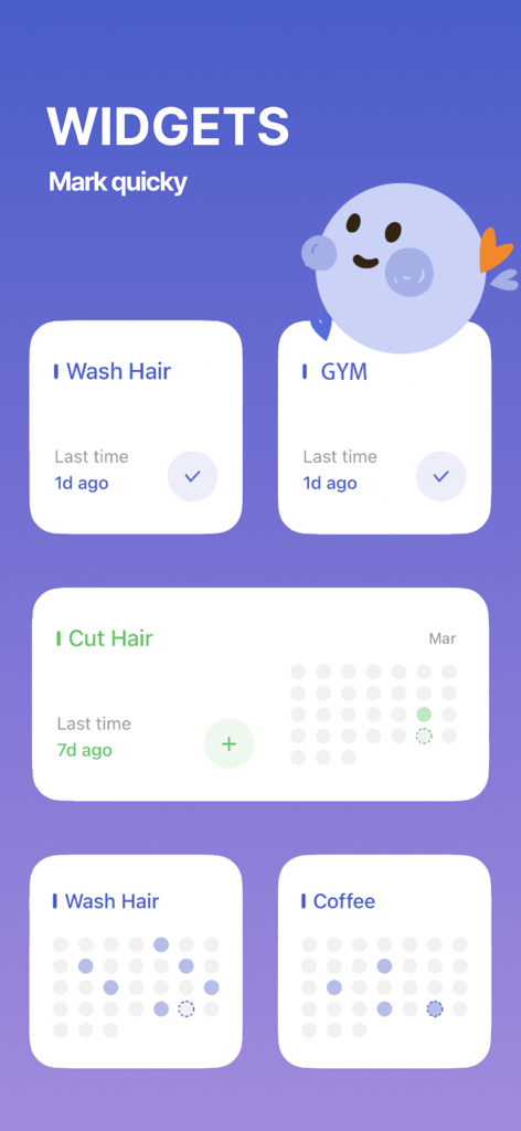 MarkTimes habit tracking widgets showing gym coffee and personal care logs on a purple background
