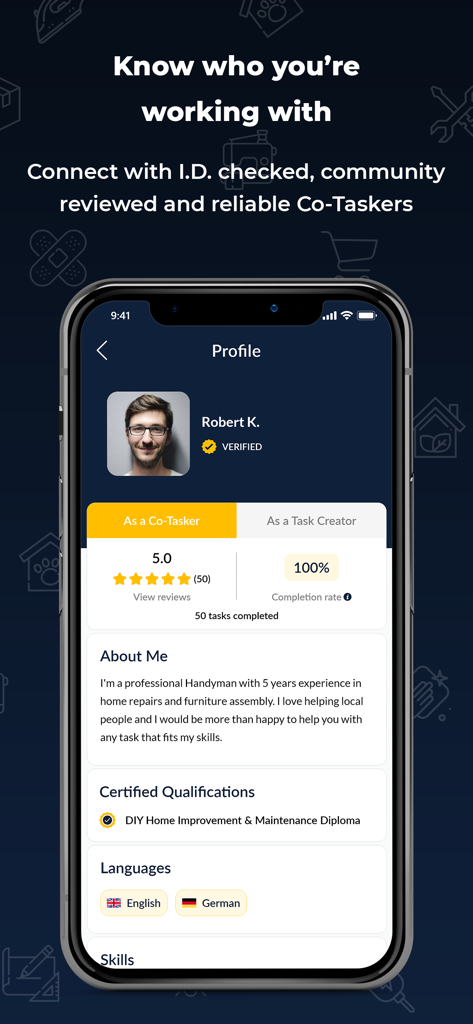Co-Tasker - Perfil de un profesional verificado en la aplicación Co-Tasker que muestra una calificación de 5 estrellas y certificaciones