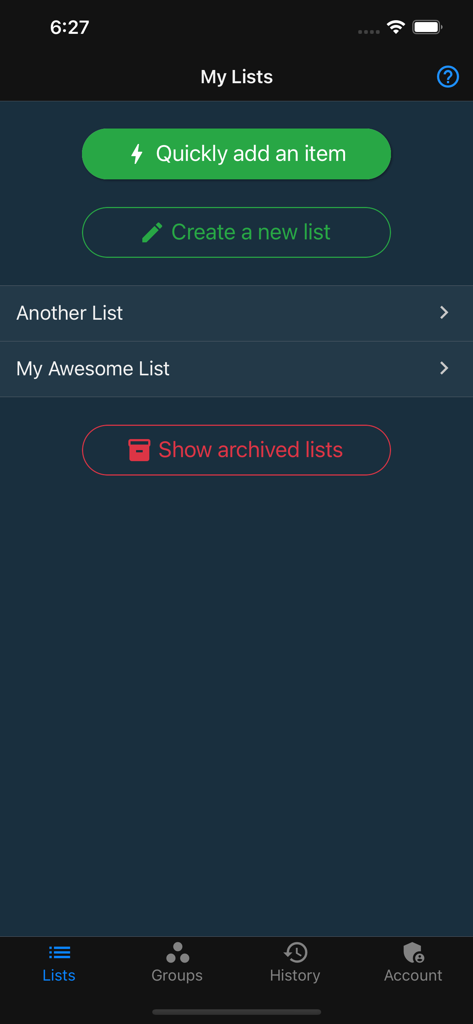Things To Get Me - A dashboard interface showing a user's wishlists with buttons to quickly add items or create a new list.