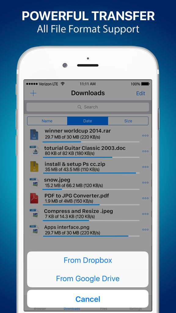Files Pro - File Browser & Manager for Cloud - A screenshot of the Files Pro app showing a list of active downloads with cloud storage options for Dropbox and Google Drive
