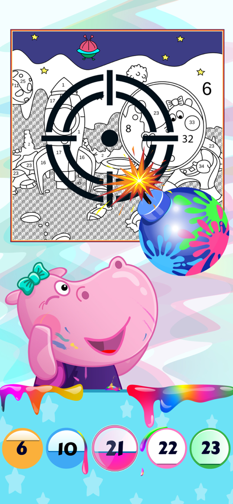 Space themed coloring page with a hippo character and a colorful paint bomb in the Color by Number with Hippo app