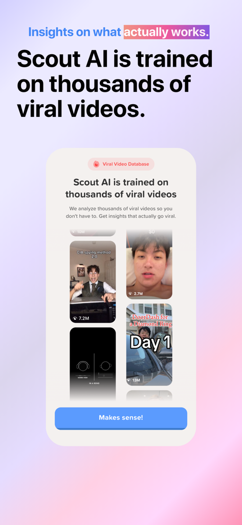 クリエイターがコンテンツのスクリプト作成に役立つ視聴回数が分析された何千ものバイラル動画のデータベースを表示するScout AIのモバイルインターフェース