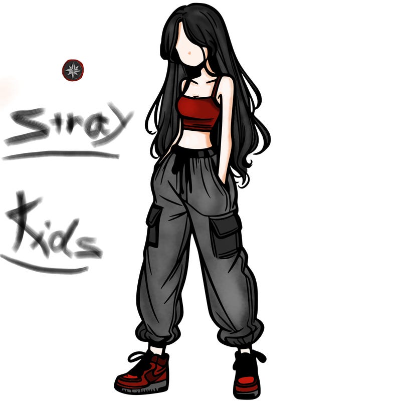 girl in baggy pants crop top and long hair