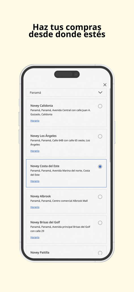 Novey Panama mobile app screen showing a list of hardware store locations for selection