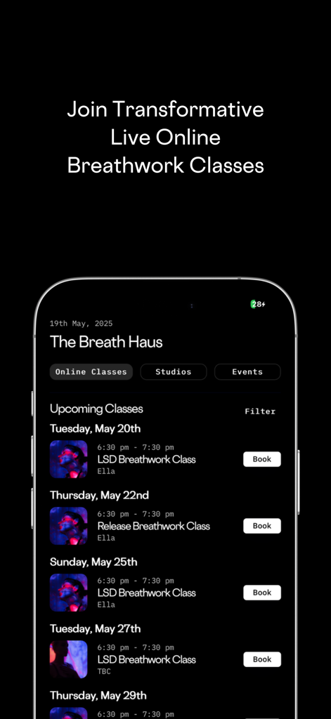 The Breath Haus - Un horario de próximas clases de respiración en línea en vivo en la aplicación The Breath Haus