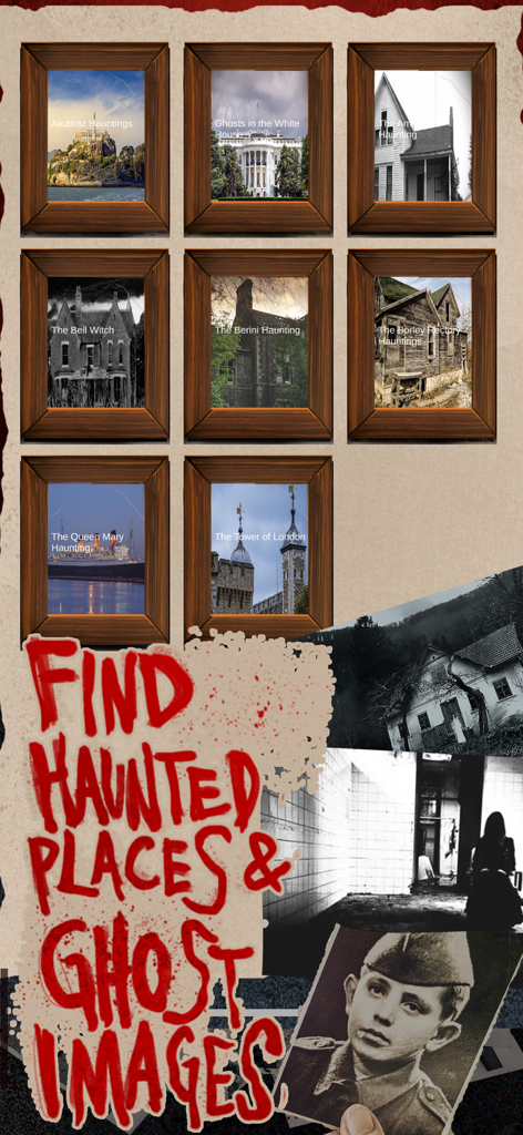 Ghost Detector & Spirit Box - Una galería de lugares famosos embrujados y fotos espeluznantes de fantasmas dentro de la interfaz de la aplicación.
