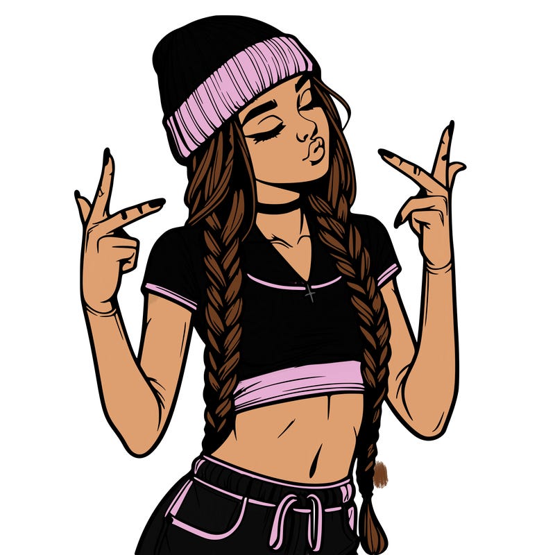 realistic teenage girl with braids and a beanie and crop top doing 🫶🏼