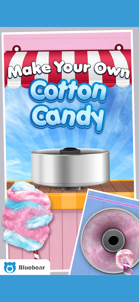 Cotton Candy!  - Maker Games - Una colorida pantalla de juego móvil para Cotton Candy Maker mostrando una máquina de algodón de azúcar y una golosina de azúcar rosa y azul