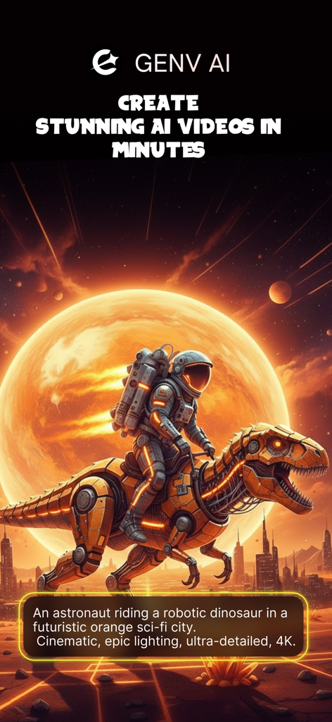 GenV - AI Video Generator - GenV AI app interface displaying an AI-generated video of an astronaut riding a robotic dinosaur in a futuristic sci-fi city