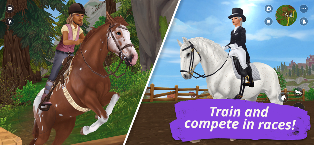 Gameplay screenshot of Star Stable Online showing horse jumping and dressage competitions